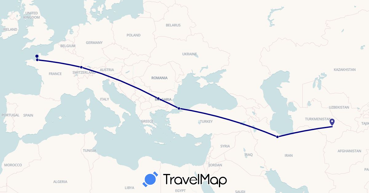 TravelMap itinerary: driving in Bulgaria, Switzerland, France, Iran, Jersey, Turkmenistan, Turkey (Asia, Europe)